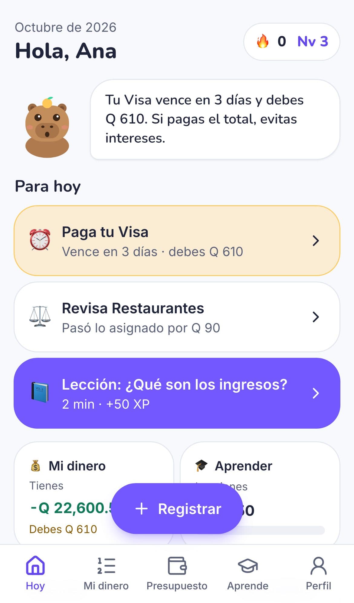 Pantalla Hoy con el resumen del mes, la racha y las misiones del día