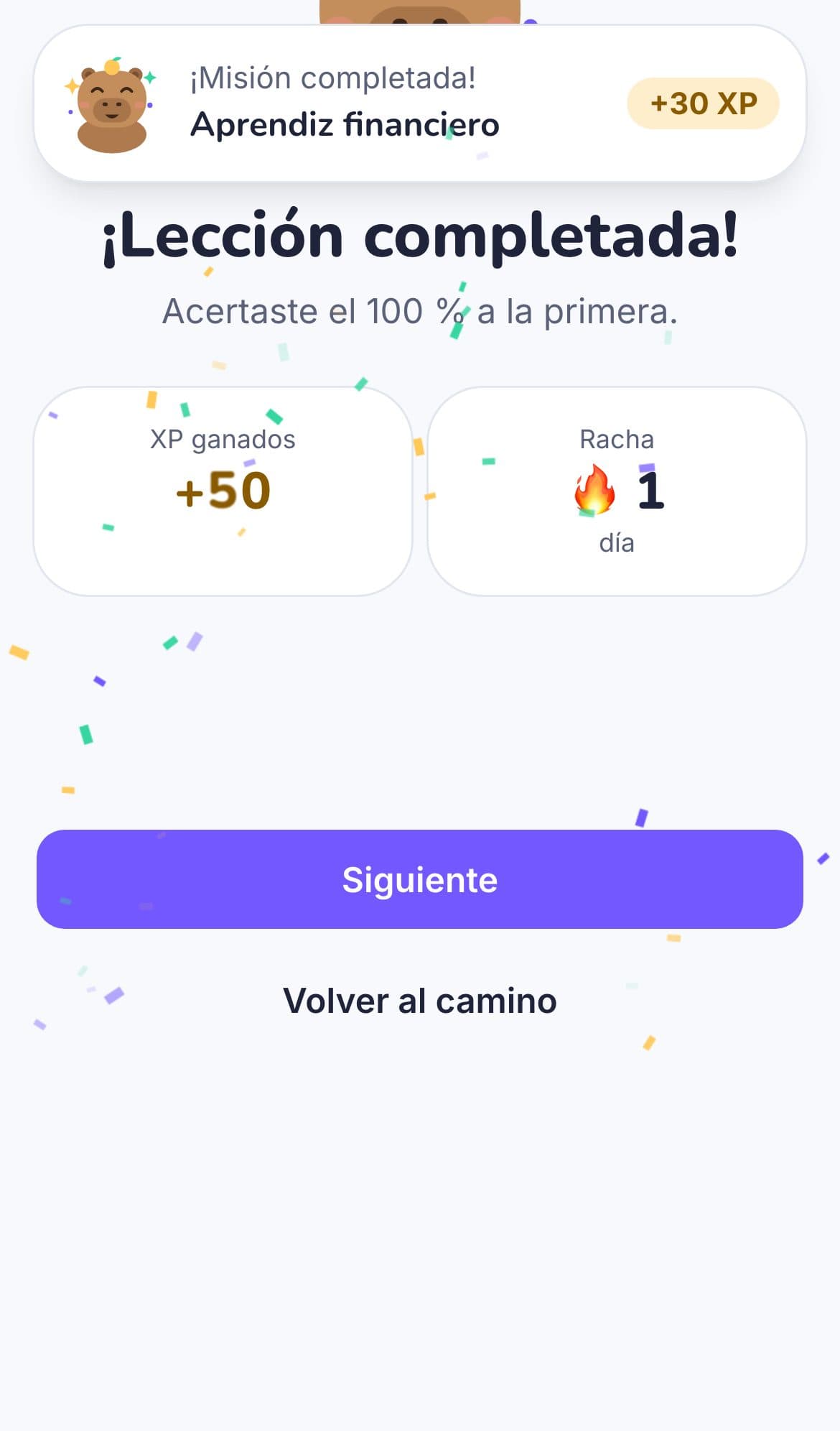 Lección completada: más 50 XP y racha de 1 día